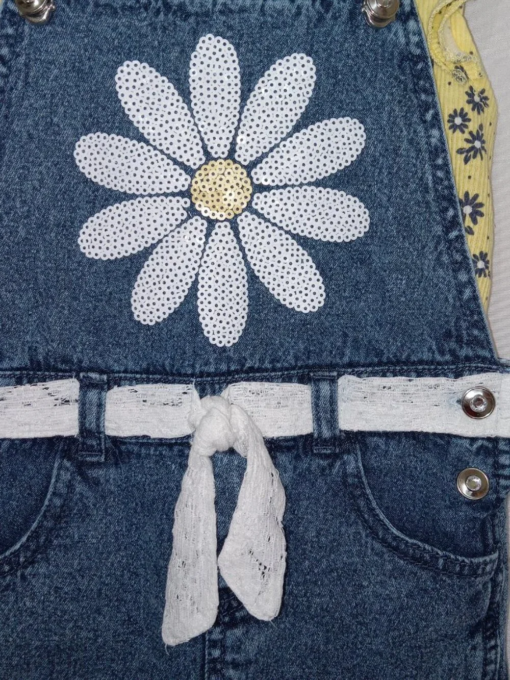 Little Lass Girls Daisy Denim Overall Shorts Set Yellow Top Size 6 - Picture 3 of 12